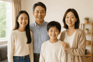 一般的な日本人家族4人の明るい日常シーン