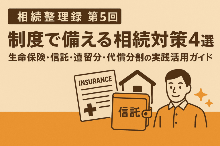 相続整理録第5回 制度で備える相続対策4選のタイトルとイメージイラスト