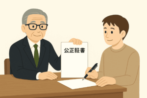 公正証書を持つ男性と説明を受ける人物のイラスト